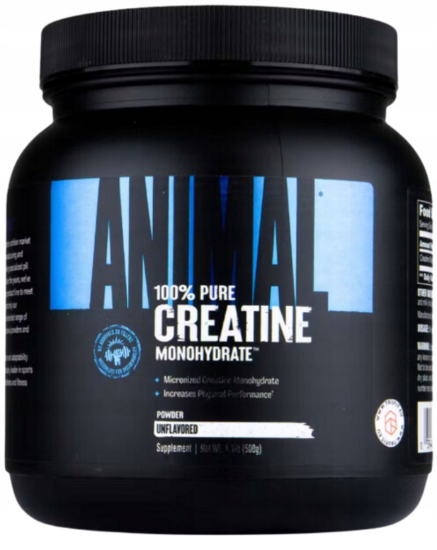 Container of Animal Creatine Monohydrate powder with a black tub and blue label