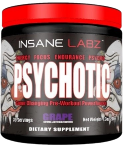 Container of Insane Labz Psychotic grape-flavored pre-workout dietary supplement with a red lid on a black jar.