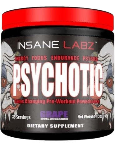 Container of Insane Labz Psychotic grape-flavored pre-workout dietary supplement with a red lid on a black jar.